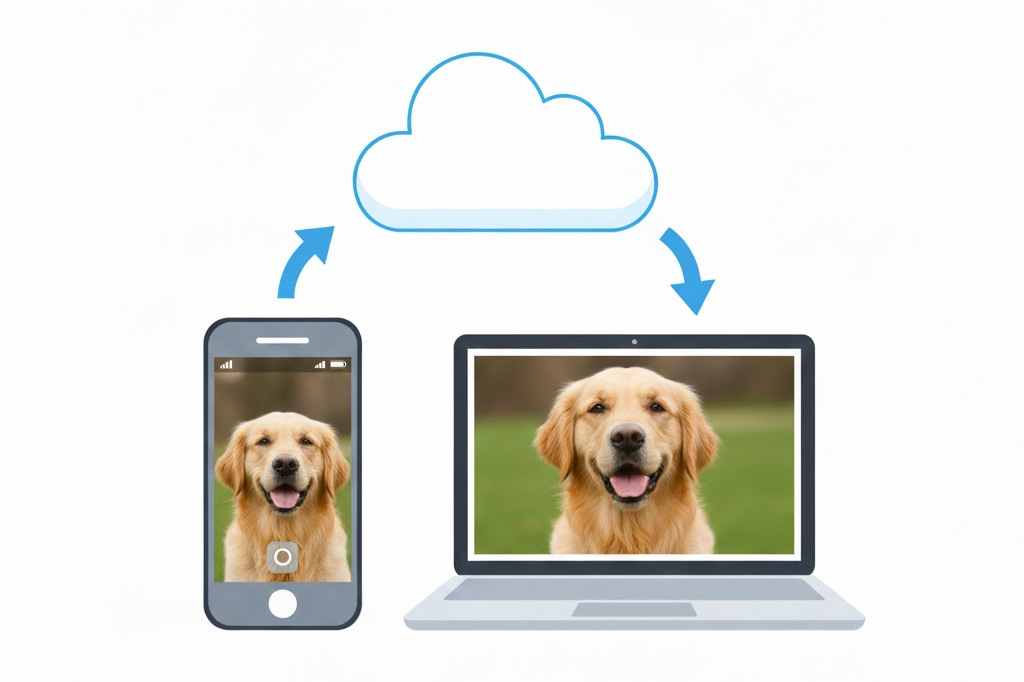 image showing a cellphone, a laptop computer and a cloud storage in the middle